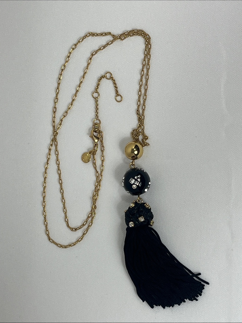 J.Crew Beaded Rhinestone Pendant Thread Tassel Necklace (Black / Gold Tone)